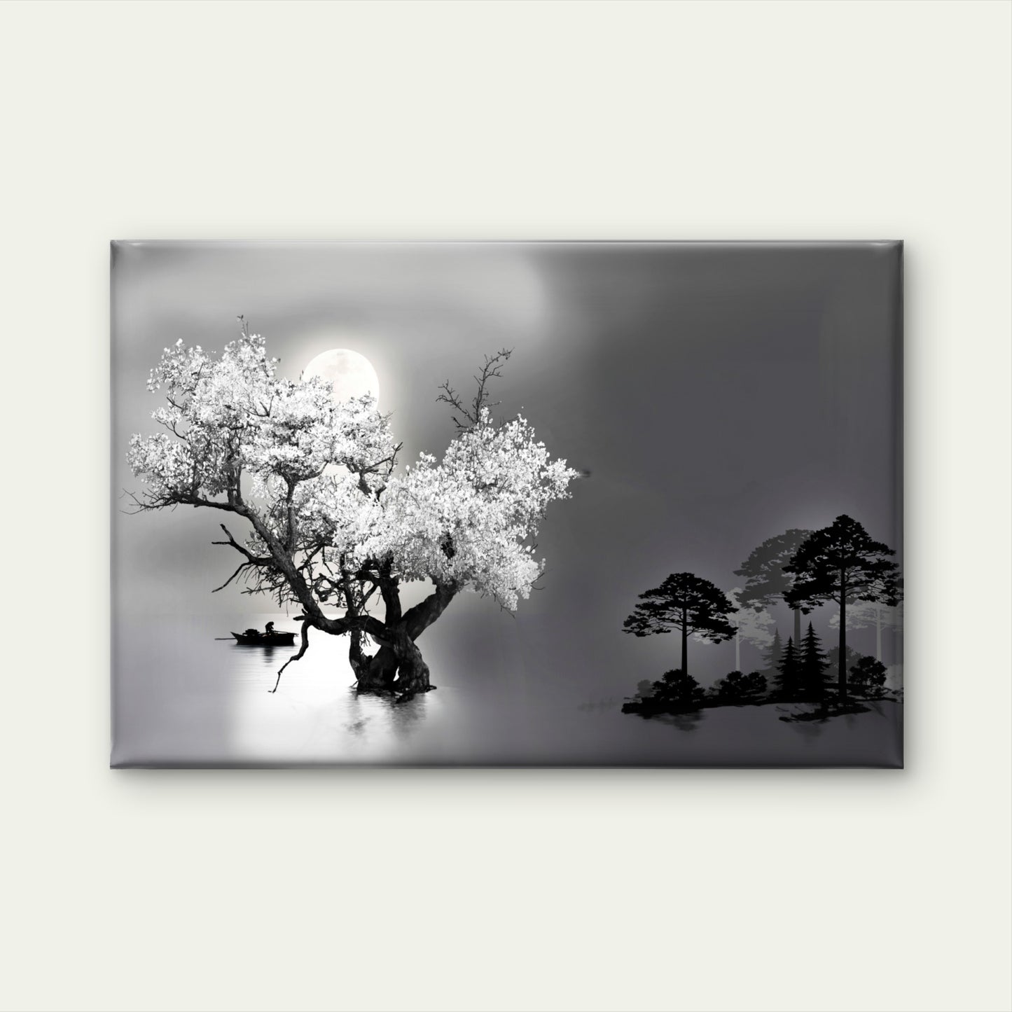 Black And White Lake Night Moon Sky Wall Art Decor 100% Australian Made