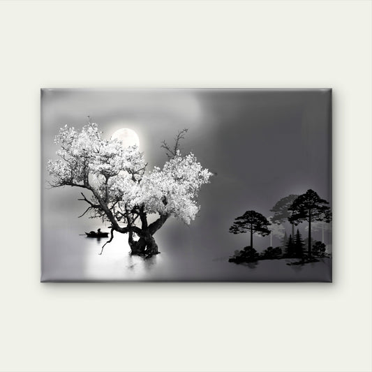 Black And White Lake Night Moon Sky Wall Art Decor 100% Australian Made
