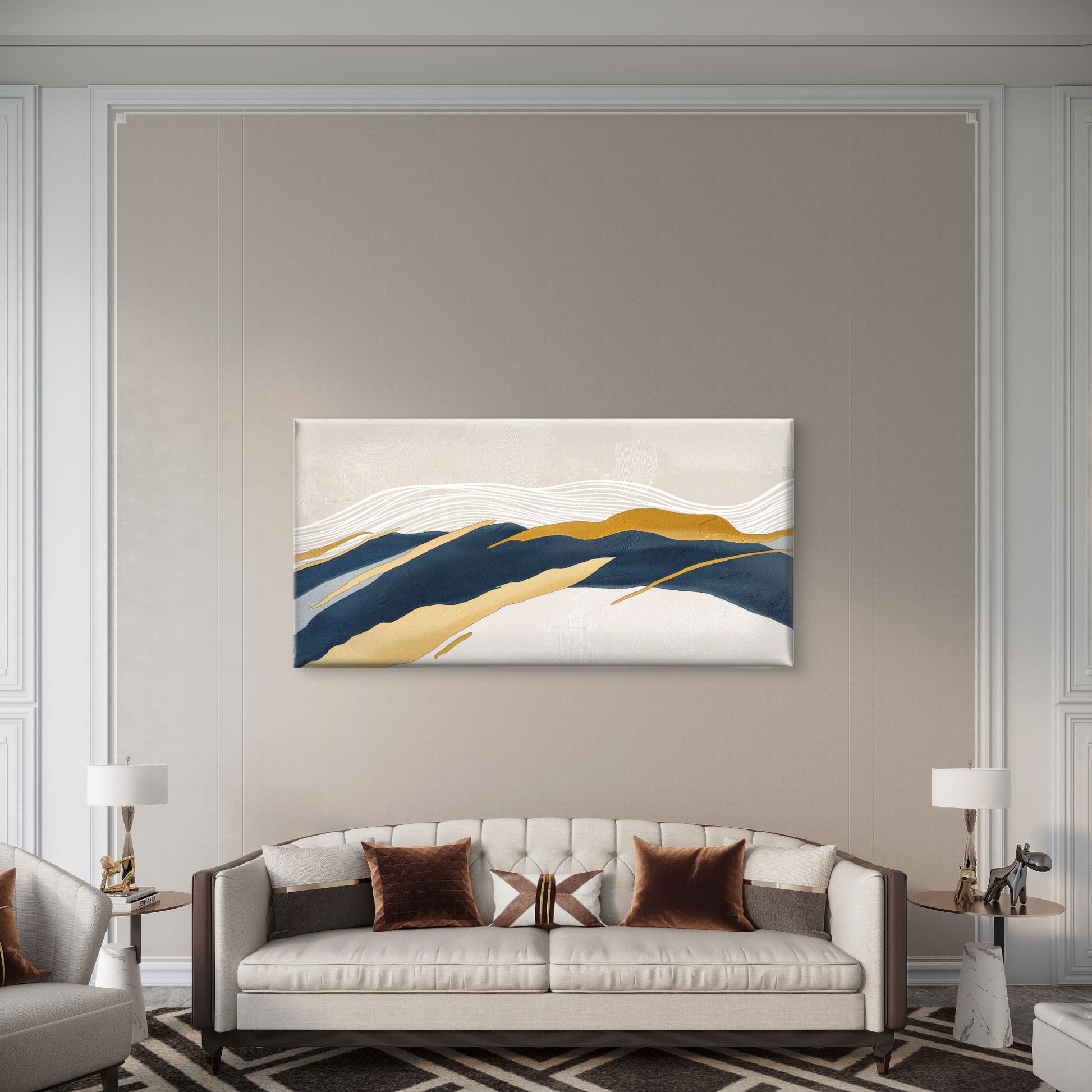 Abstract Navy Blue Gold Foil Peak Wall Art Canvas Office Home Framed 120x60cm