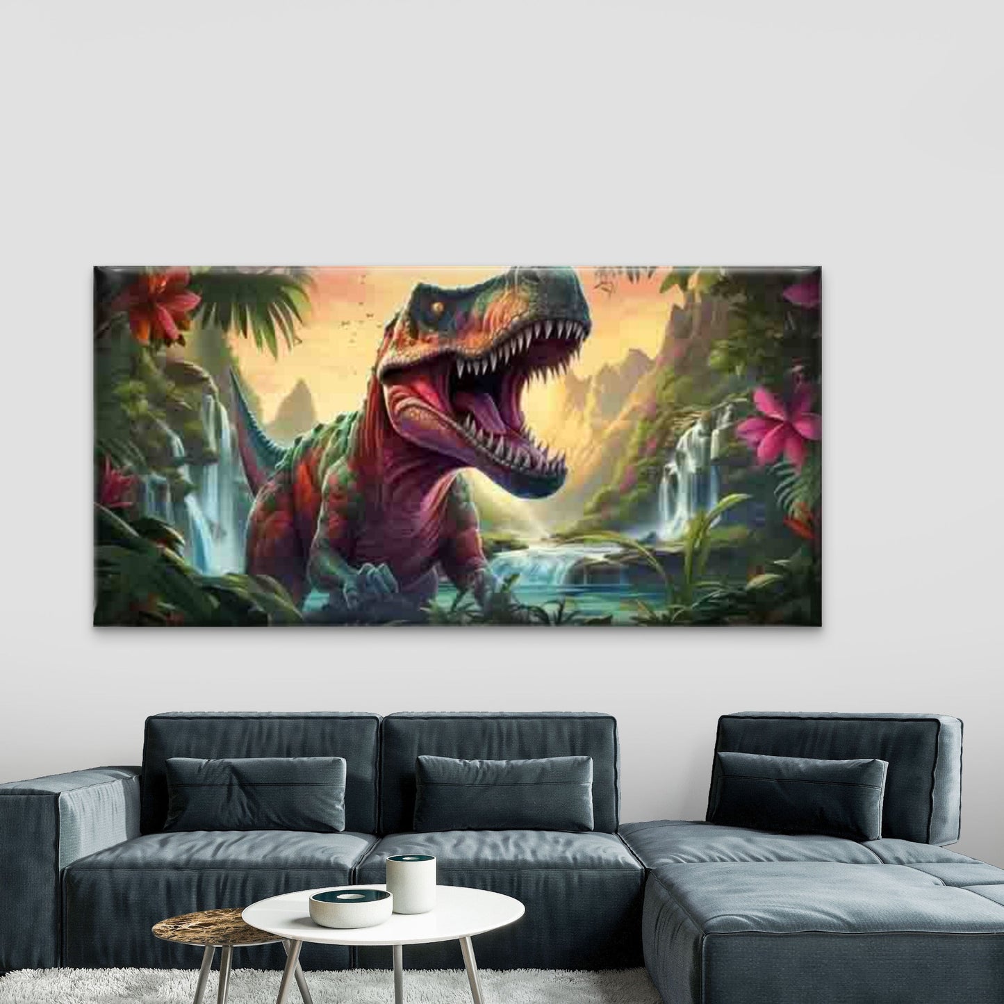 T-Rex Dinosaur Jungle Waterfall Wall Art Canvas Office Home Room Framed 120x60cm
