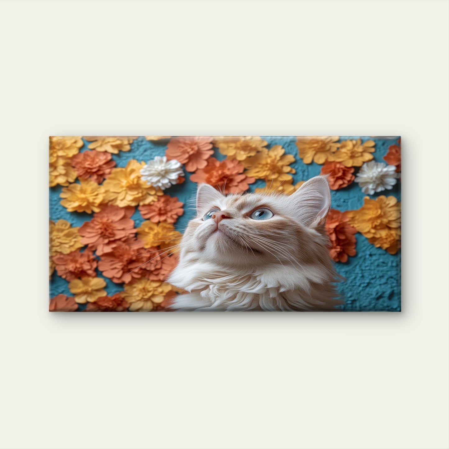 Modern Blue Floral Kitten Art Wall Art Canvas Office Home Room Framed 120x60cm