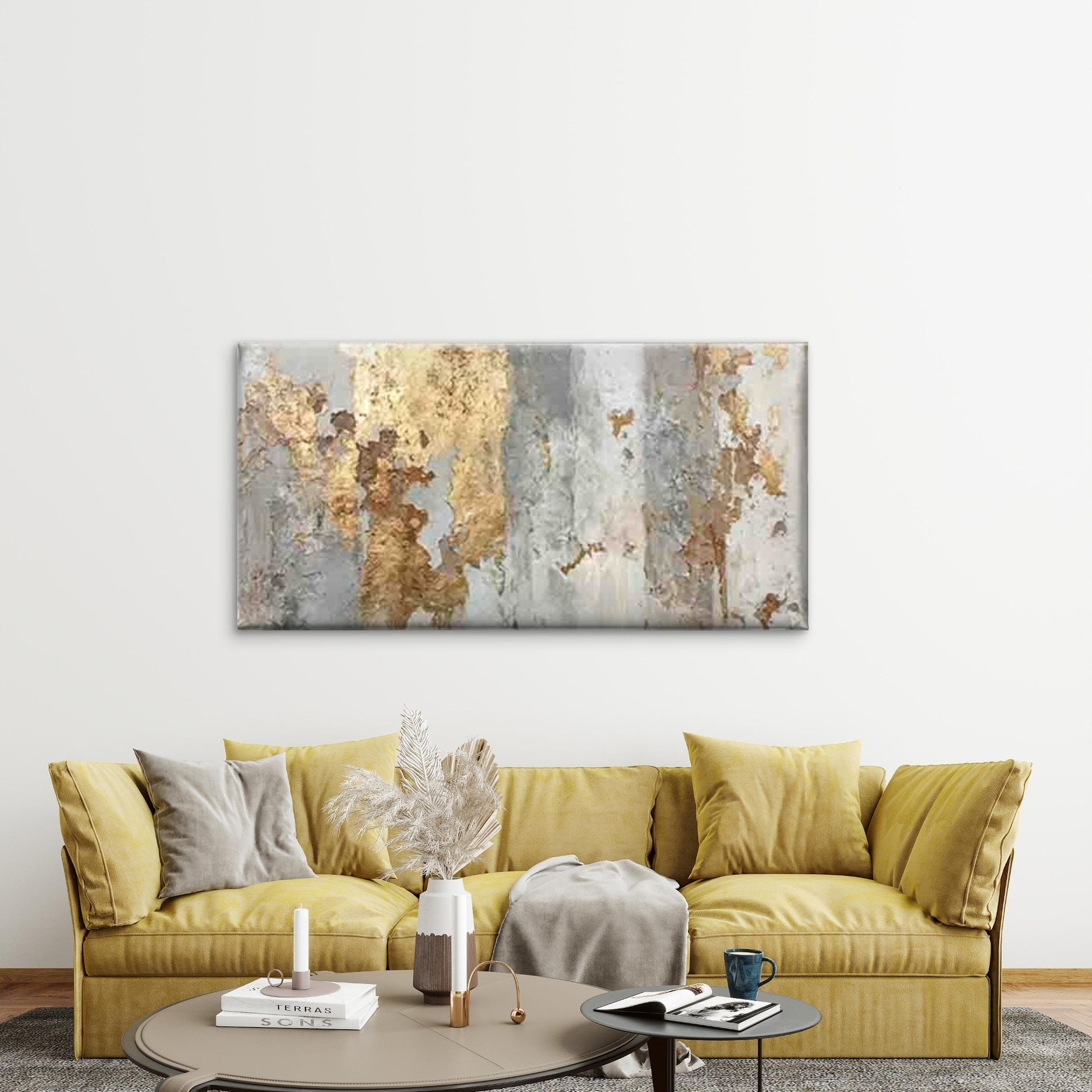 Weathered Golden Leaf Wall Art Canvas Office Home Room Framed 120x60cm - Bella Home Decor