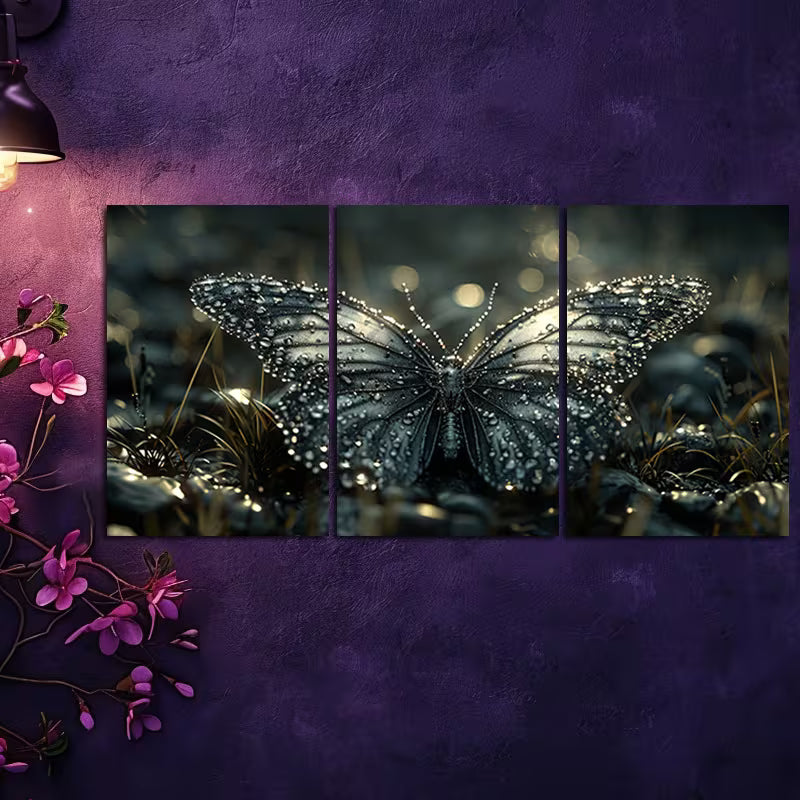 3pcs Luxurious Black Butterfly Wall Art Set Canvas Framed 40x60cm - High Quality Print 100% Australian Made Wall Canvas Ready to Hang