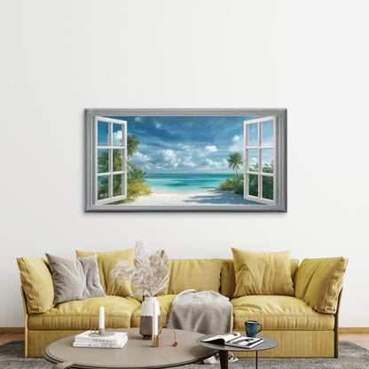 Beach View Through Open Window Wall Art Canvas Office Home Room Framed 120x60cm