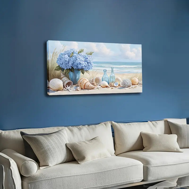 Beach With Blue Hydrangea Shells Wall Art Canvas Office Home Room Framed 120x60cm - Bella Home Decor