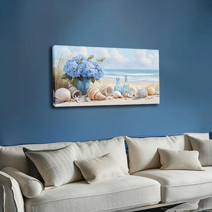 Beach With Blue Hydrangea Shells Wall Art Canvas Office Home Room Framed 120x60cm - Bella Home Decor
