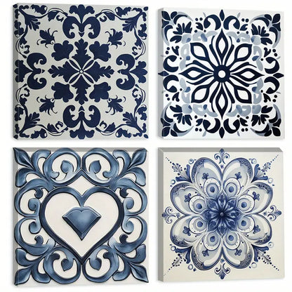 4pcs Featuring Blue & White Designs Mediterranean Wall Art Canvas Framed