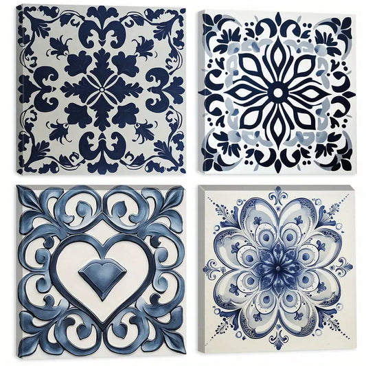 4pcs Featuring Blue & White Designs Mediterranean Wall Art Canvas Framed