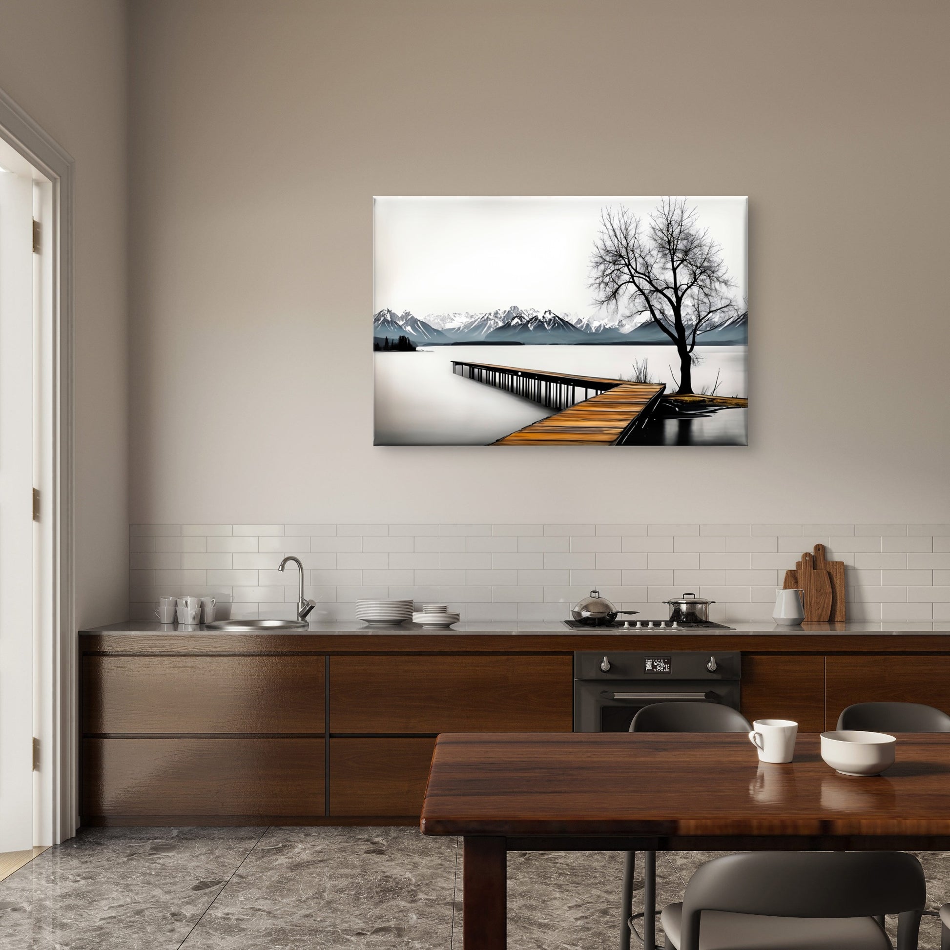 Black And White Wooden Pier Tree Lake Wall Art Decor 100% Australian Made - Bella Home Decor