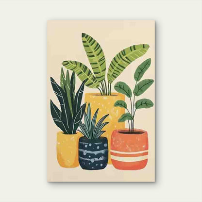 Vibrant Potted Plants in Colorful Vessels 60x90cm Metal Print Ready to Hang