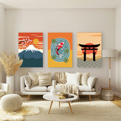3pcs Japanese Mount Fuji Koi Fish Retro Zen  Wall Art Set Canvas Framed 40x60cm - High Quality Print 100% Australian Made Wall Canvas Ready to Hang