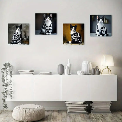 4pcs Chic Black And White Cat Illustrations Wall Art Canvas Framed