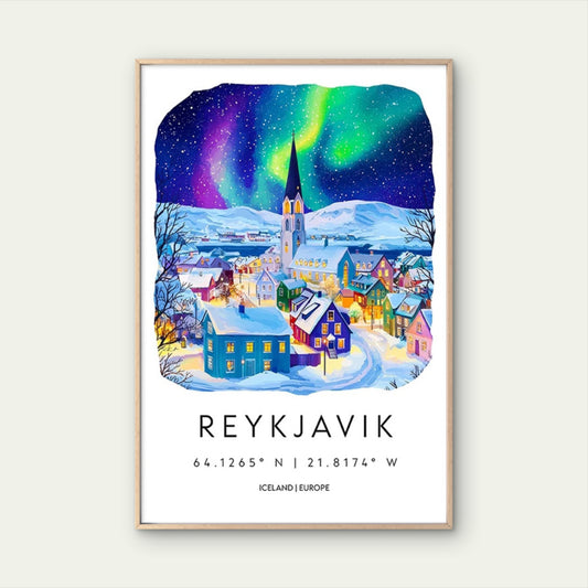 Townscape of Reykjavik Classic Travel Poster Print Wall Art