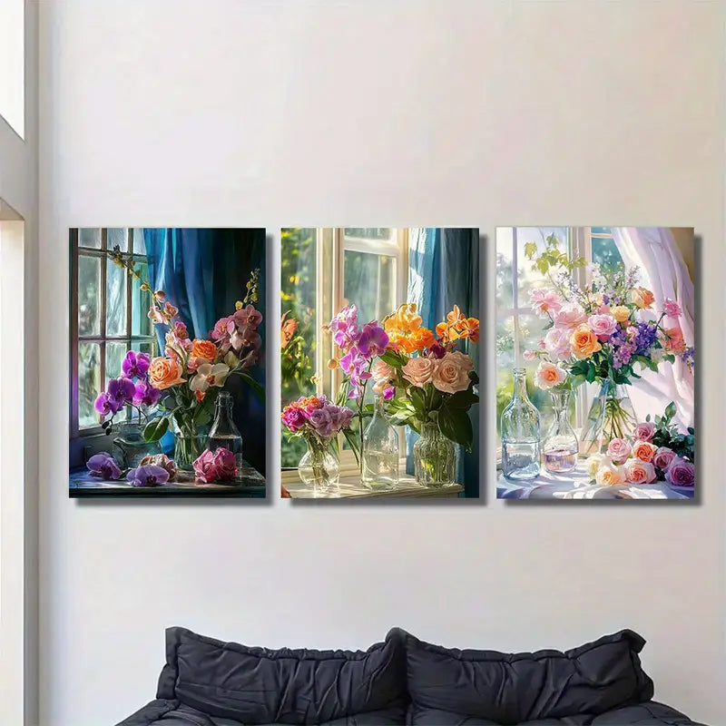 3pcs Sunlit Flowers On Windowsill Metal Print Ready to Hang Art