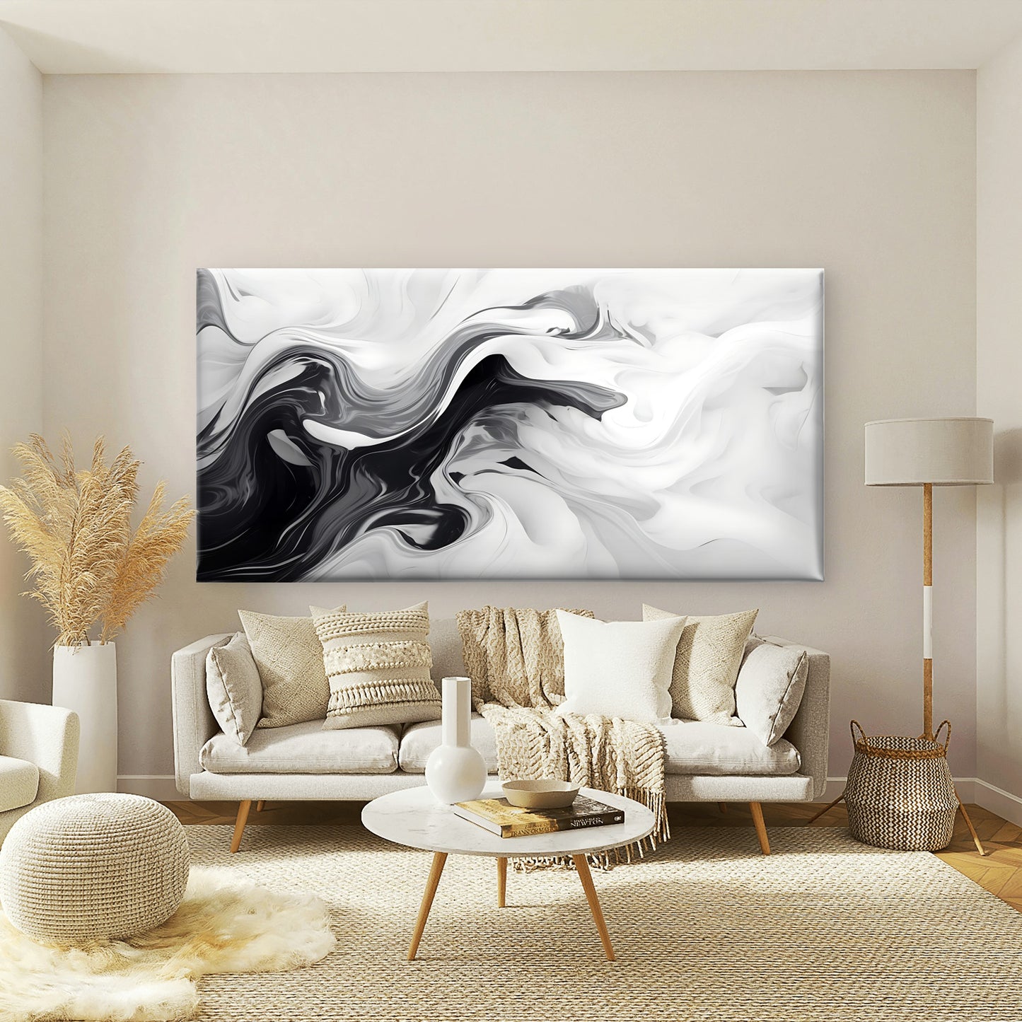 Black And White Liquid Swirls Wall Art Canvas Office Home Room Framed 120x60cm