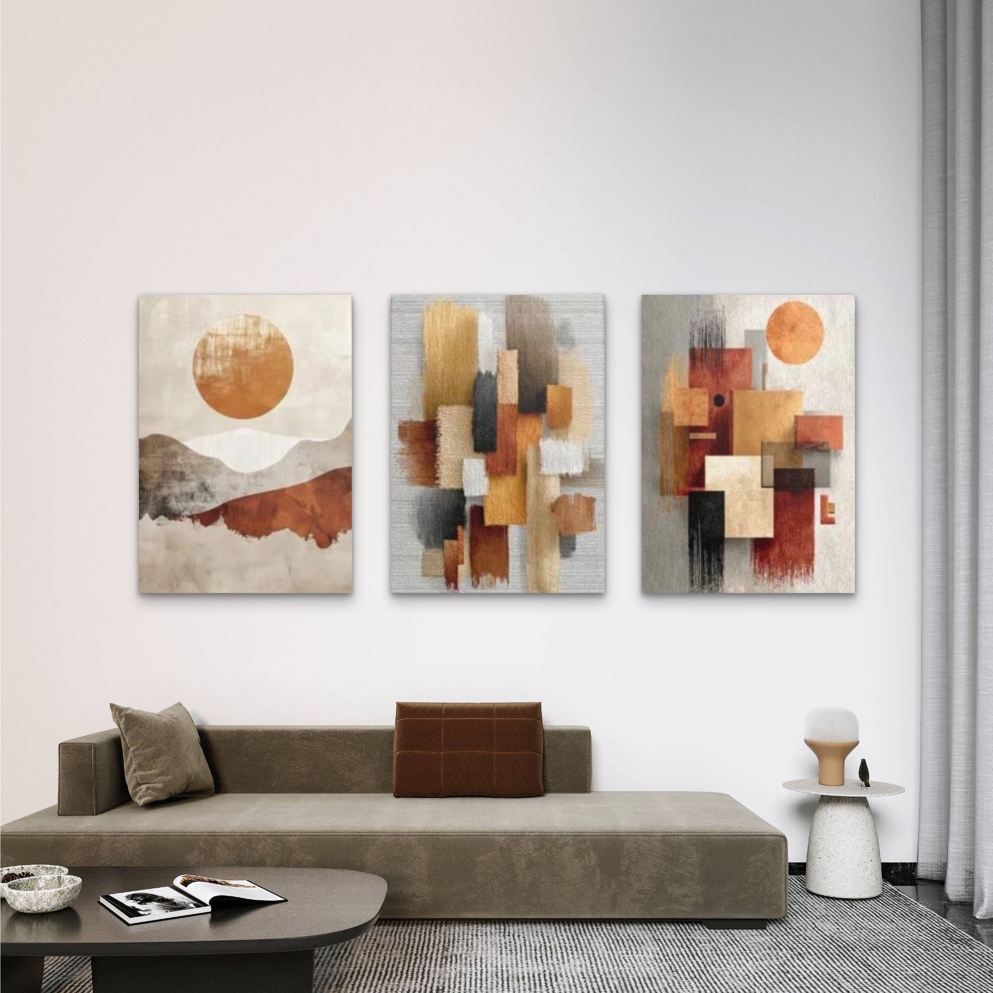 3pcs Abstract Terracotta Sun Geometric Wall Art Set Canvas Framed 50x70cm - High Quality Print 100% Australian Made Wall Canvas Ready to Hang - Bella Home Decor