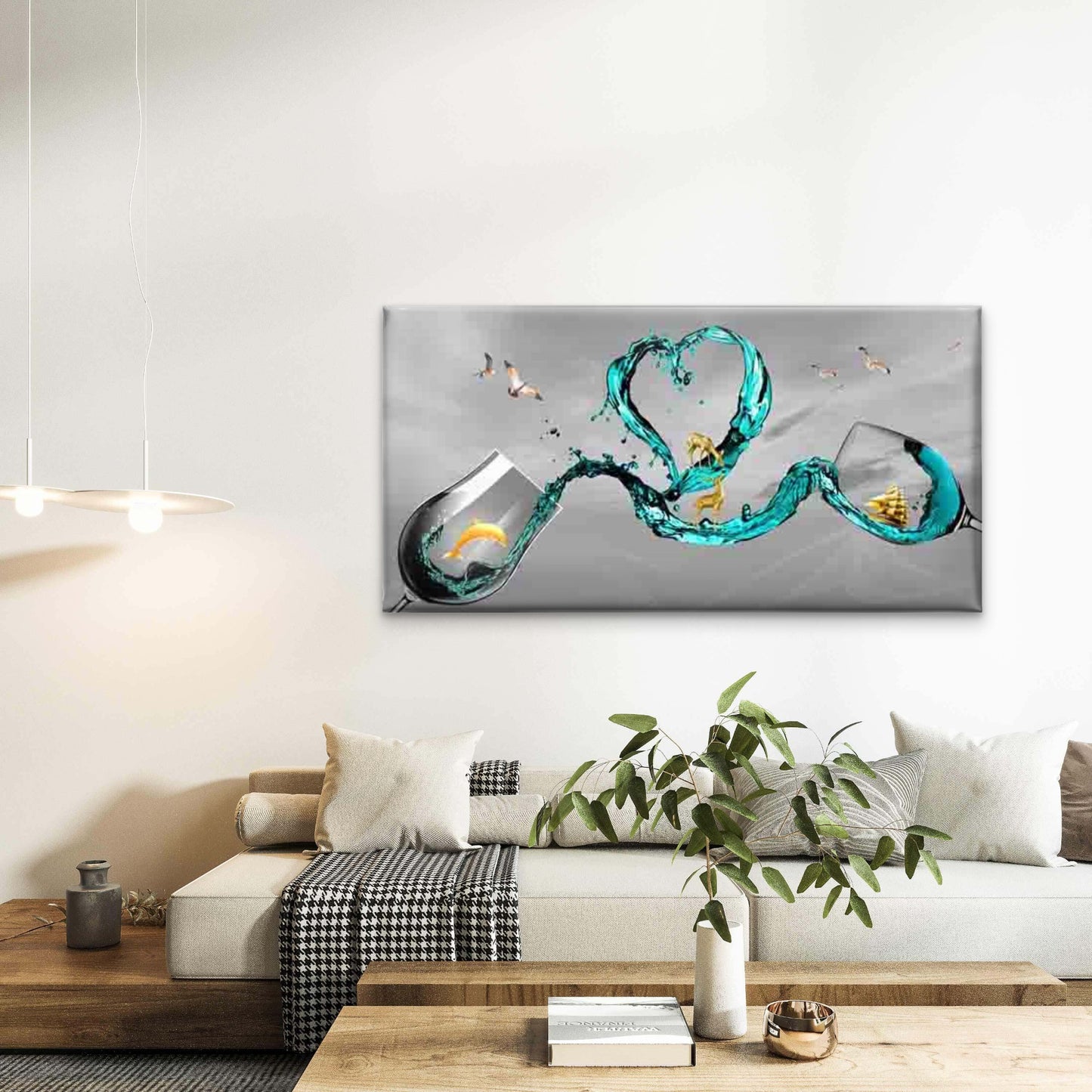 Love Heart Wine Glasses Wall Art Canvas Office Home Room Framed 120x60cm - Bella Home Decor