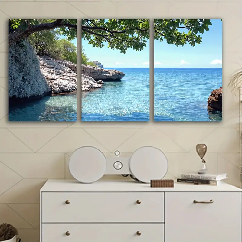 3pcs Serene Beach With Rocks Greenery Wall Art Set Canvas Framed 50x70cm - High Quality Print 100% Australian Made Wall Canvas Ready to Hang