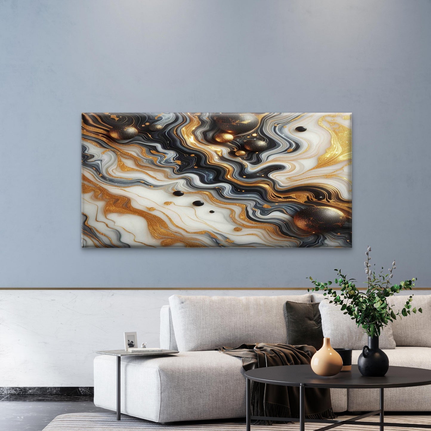 Gold Black Marble With Gold Dot Wall Art Canvas Office Home Room Framed 120x60cm - Bella Home Decor