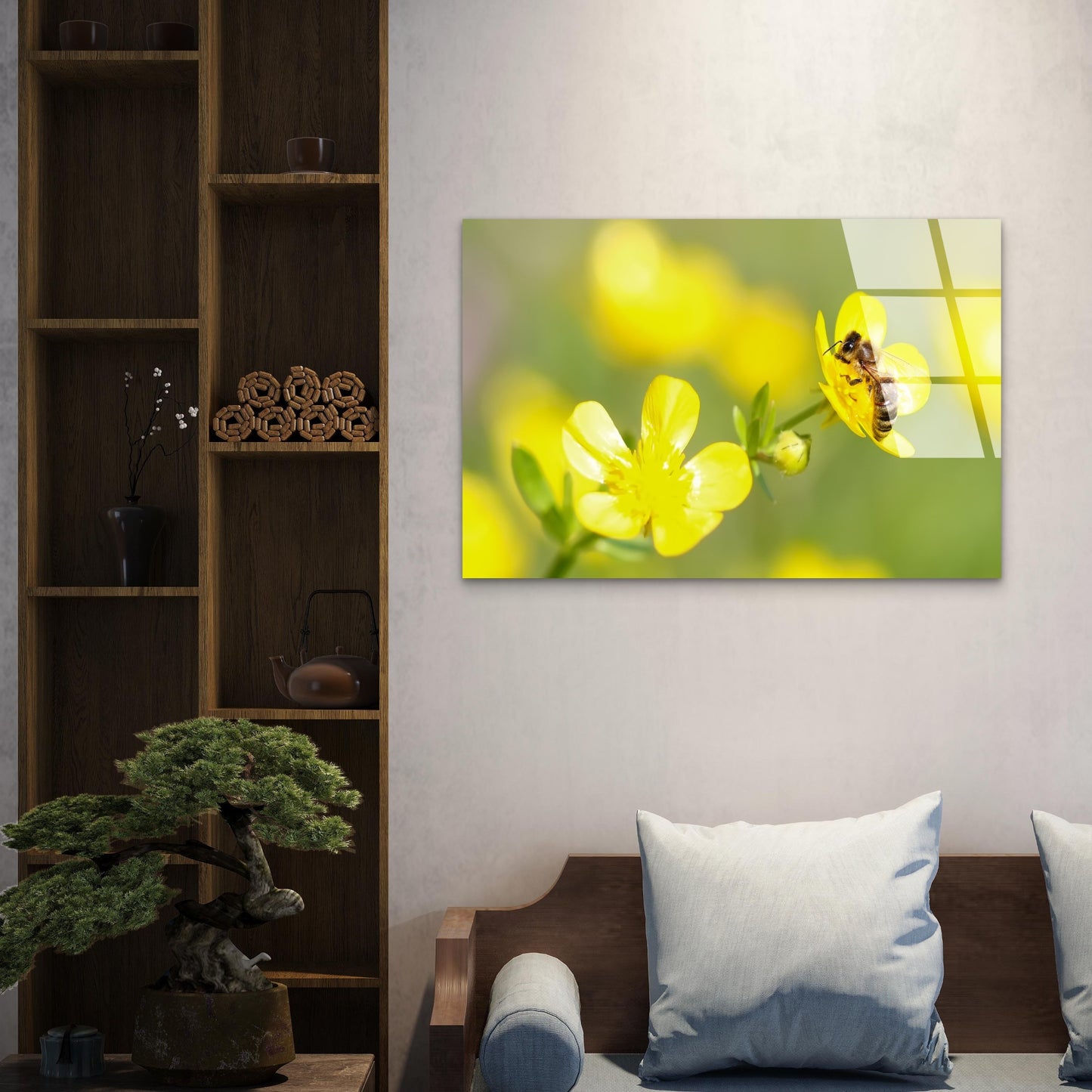 Honeybee Yellow Flower Acrylic Glass Printing Wall Art Australian Made Quality