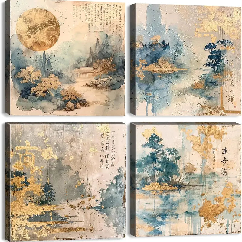 4pcs Golden Watercolor Japanese Style Wall Art Canvas Framed