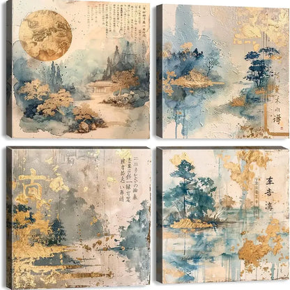 4pcs Golden Watercolor Japanese Style Wall Art Canvas Framed
