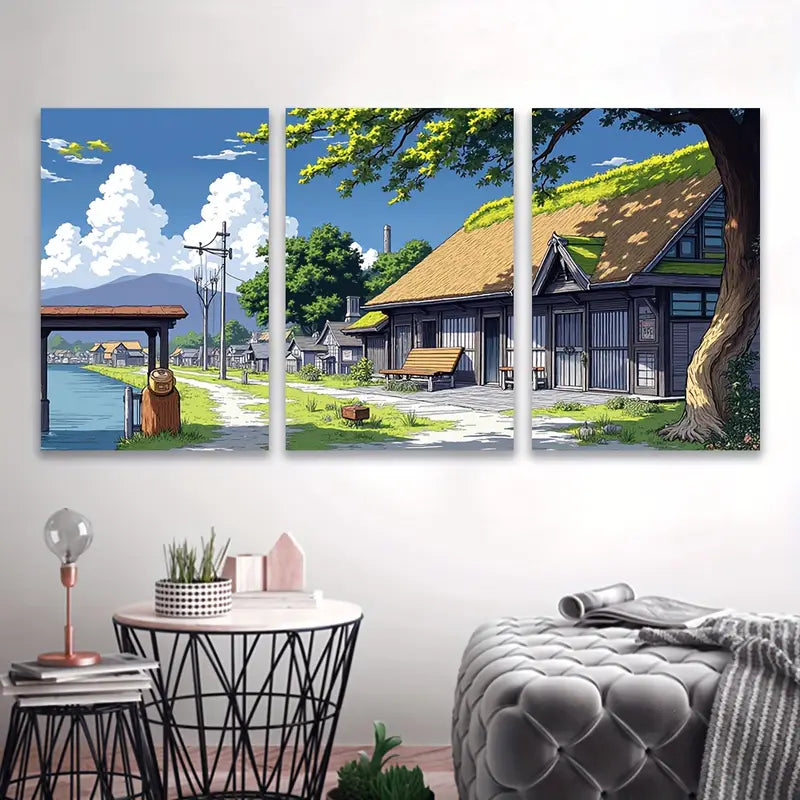 3pcs Countryside House & River View Landscape Wall Art Set Canvas Framed 40x60cm - High Quality Print 100% Australian Made Wall Canvas Ready to Hang - Bella Home Decor