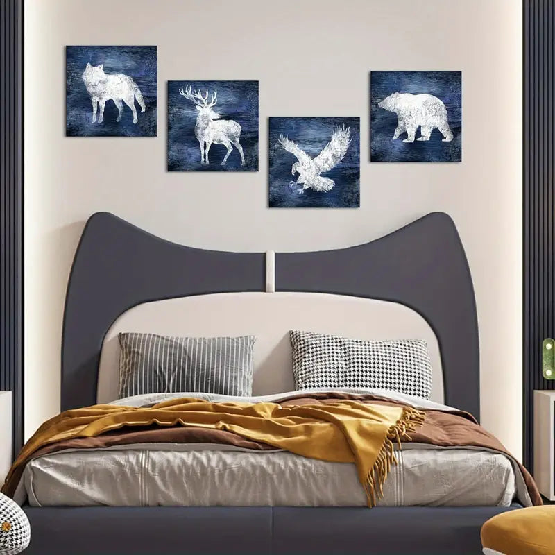 4pcs Wolf, Deer, Elk, Bear - Blue Forest  Wall Art Canvas Framed - Bella Home Decor