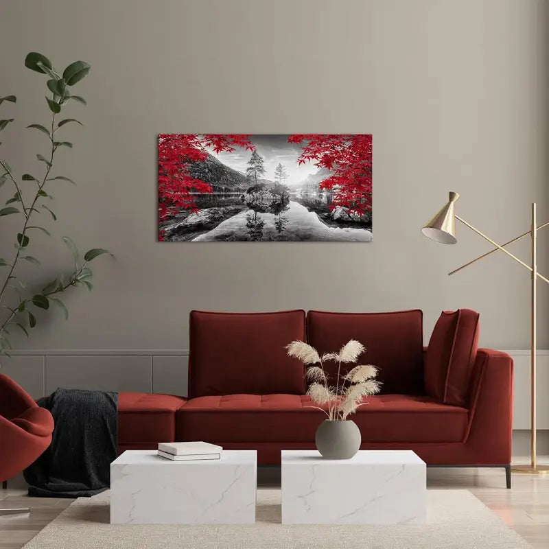 Autumn Forest Black White & Red Wall Art canvas office home room framed 120x60cm - Bella Home Decor