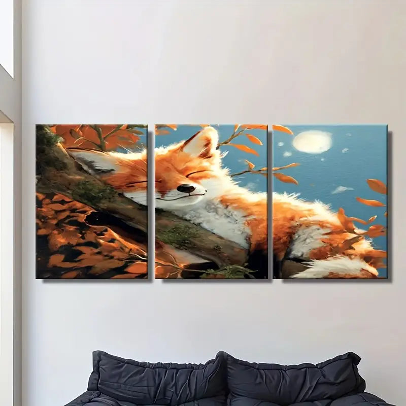 3pcs Orange & White Baby Fox Sleeping On Tree Bran Metal Print Ready to Hang Art