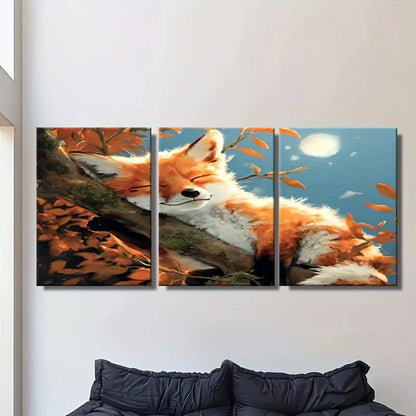 3pcs Orange & White Baby Fox Sleeping On Tree Bran Metal Print Ready to Hang Art