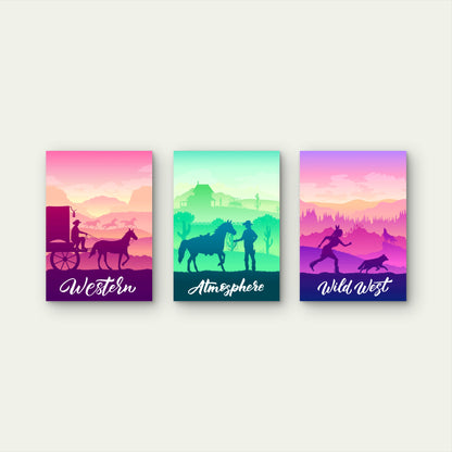 3pcs Retro Wild West Cowboy Landscape    Wall Art Set Canvas Framed 60x90cm - High Quality Print 100% Australian Made Wall Canvas Ready to Hang