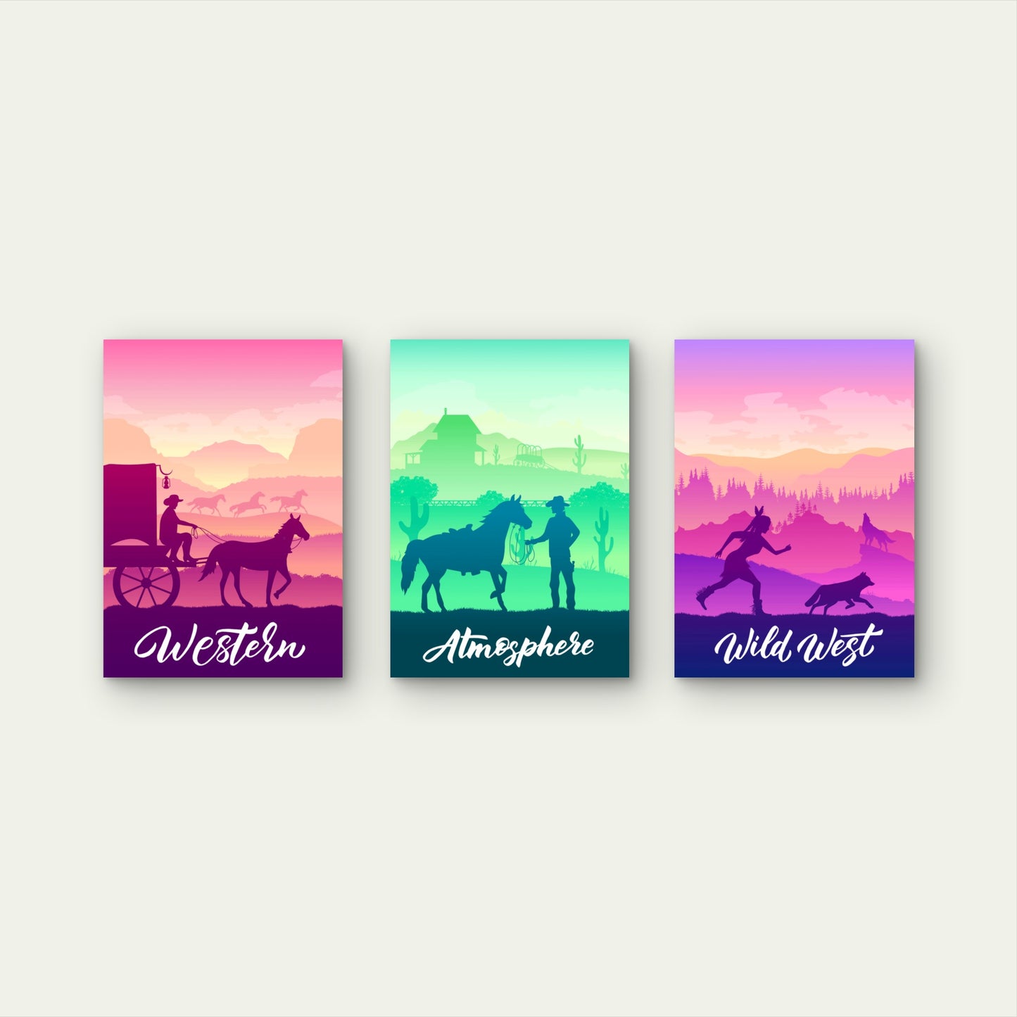 3pcs Retro Wild West Cowboy Landscape Metal Print Ready to Hang Art