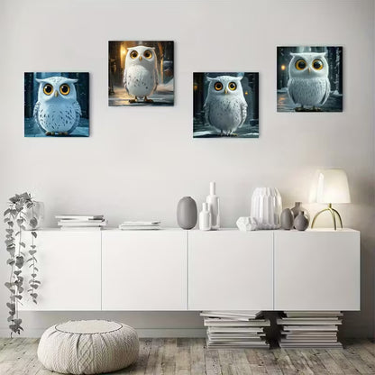 4pcs Cute White Owl Theme Wall Art Canvas Framed