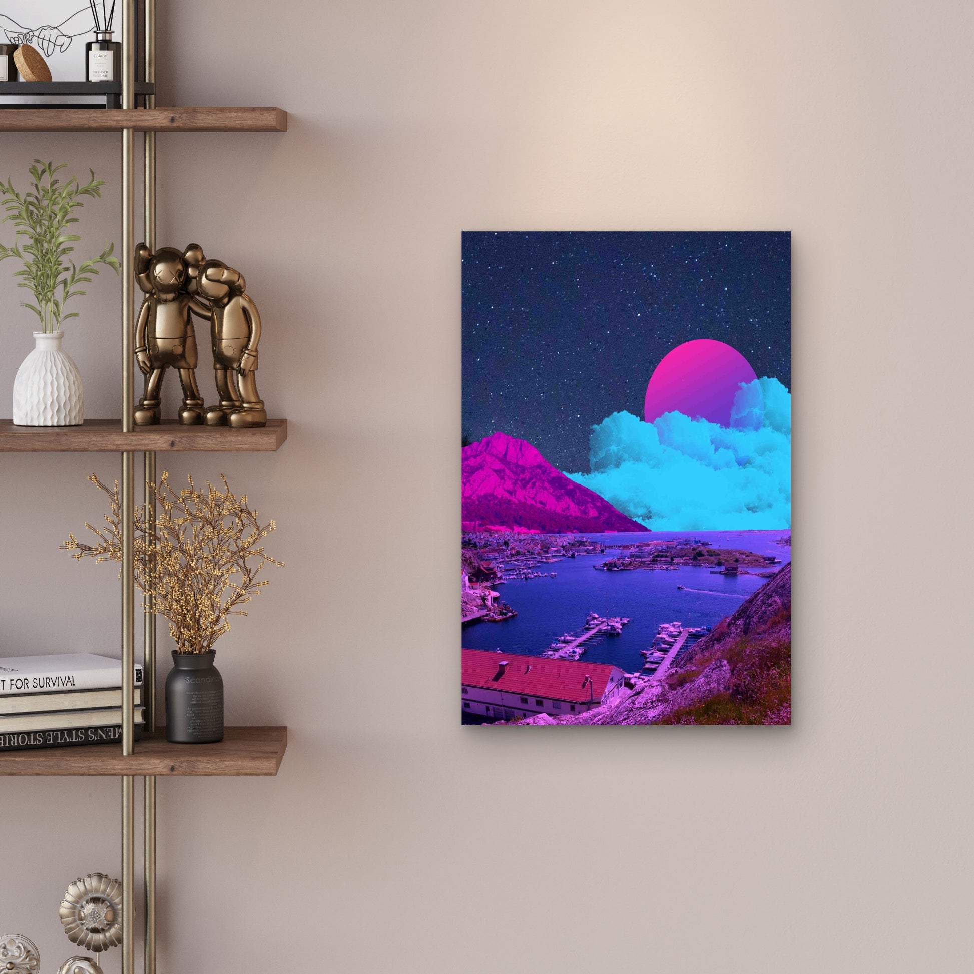 Surreal Coastal Moonrise Over The Neon Harbor Metal Print Ready to Hang - Bella Home Decor