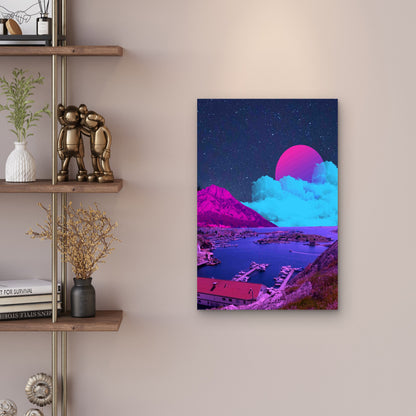 Surreal Coastal Moonrise Over The Neon Harbor Metal Print Ready to Hang - Bella Home Decor