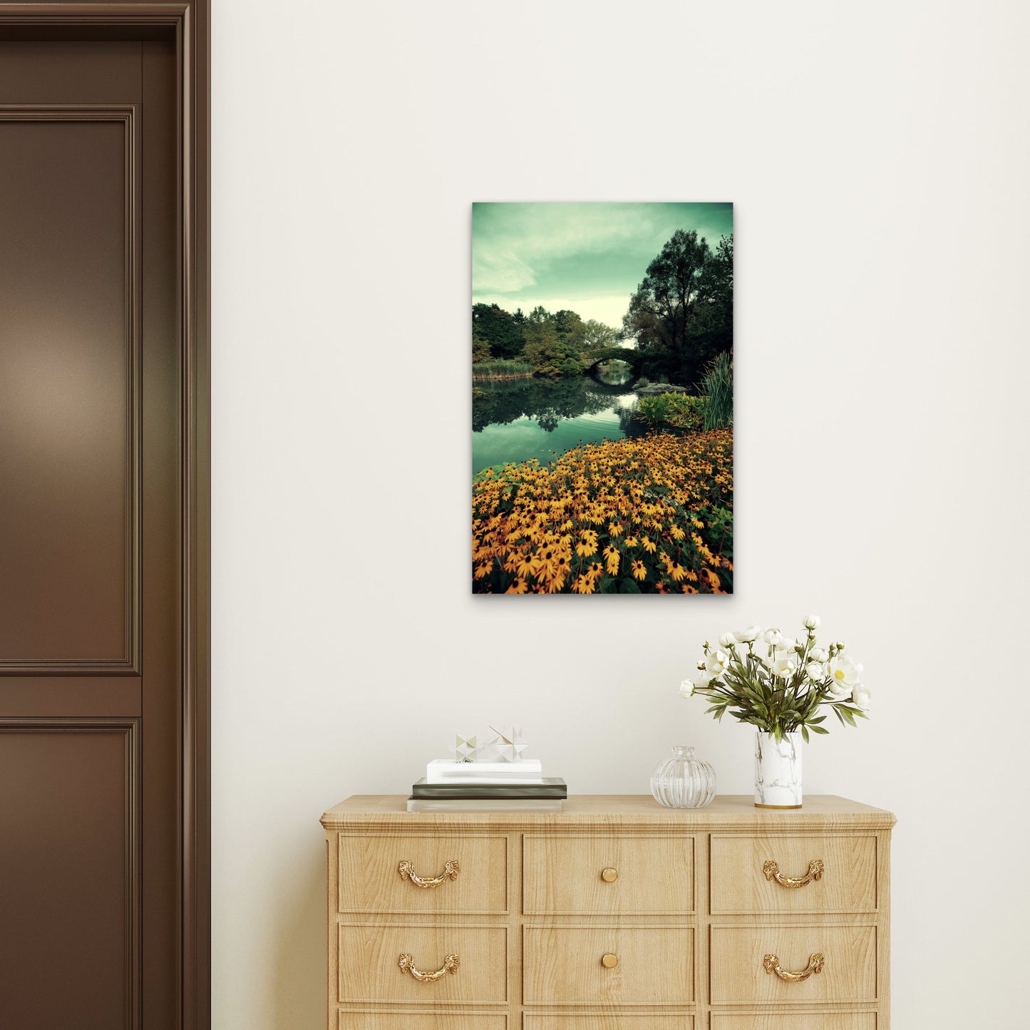 Yellow Flower Garden Stone Bridge Pond 40x60cm Metal Print Ready to Hang