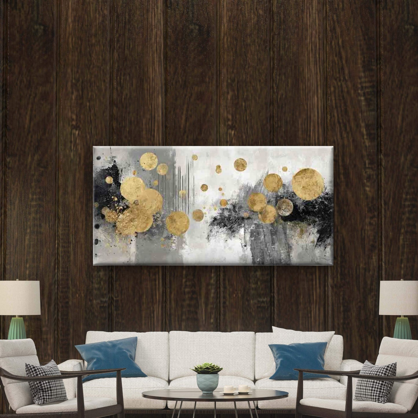 Floating Golden Circle Moons Wall Art Canvas Office Home Room Framed 120x60cm - Bella Home Decor