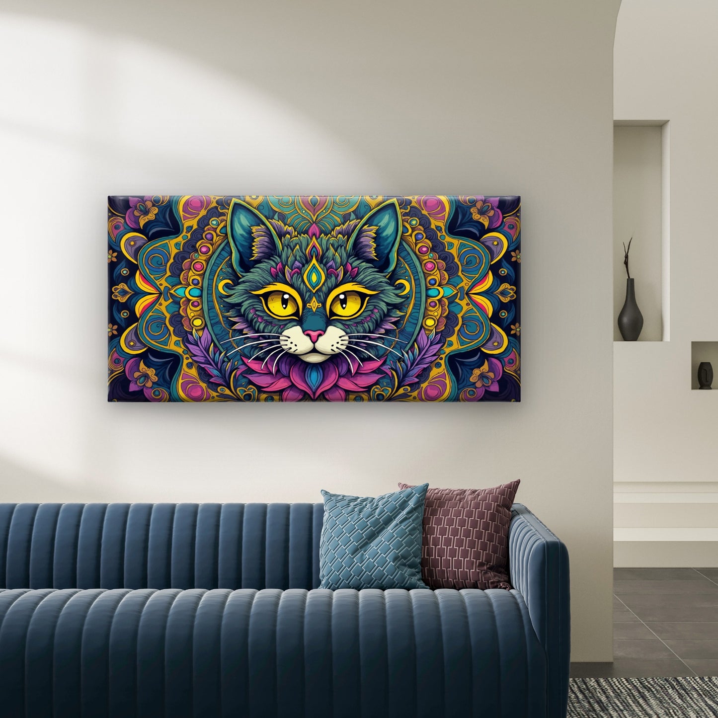 Psychedelic Cat Mandala Bohemia Wall Art Canvas Office Home Room Framed 120x60cm
