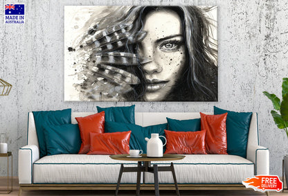 Girl Face Portrait with Feathers Black & White 90x60cm Print 100% Australian Made