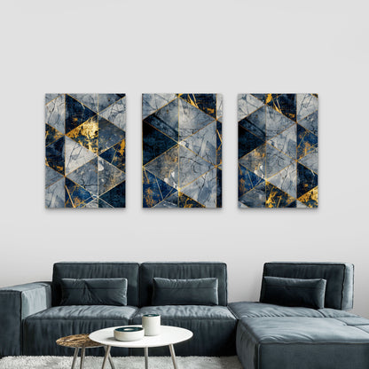 3pcs Blue Marble Geometry Abstract Modern  Wall Art Set Canvas Framed 50x70cm - High Quality Print 100% Australian Made Wall Canvas Ready to Hang