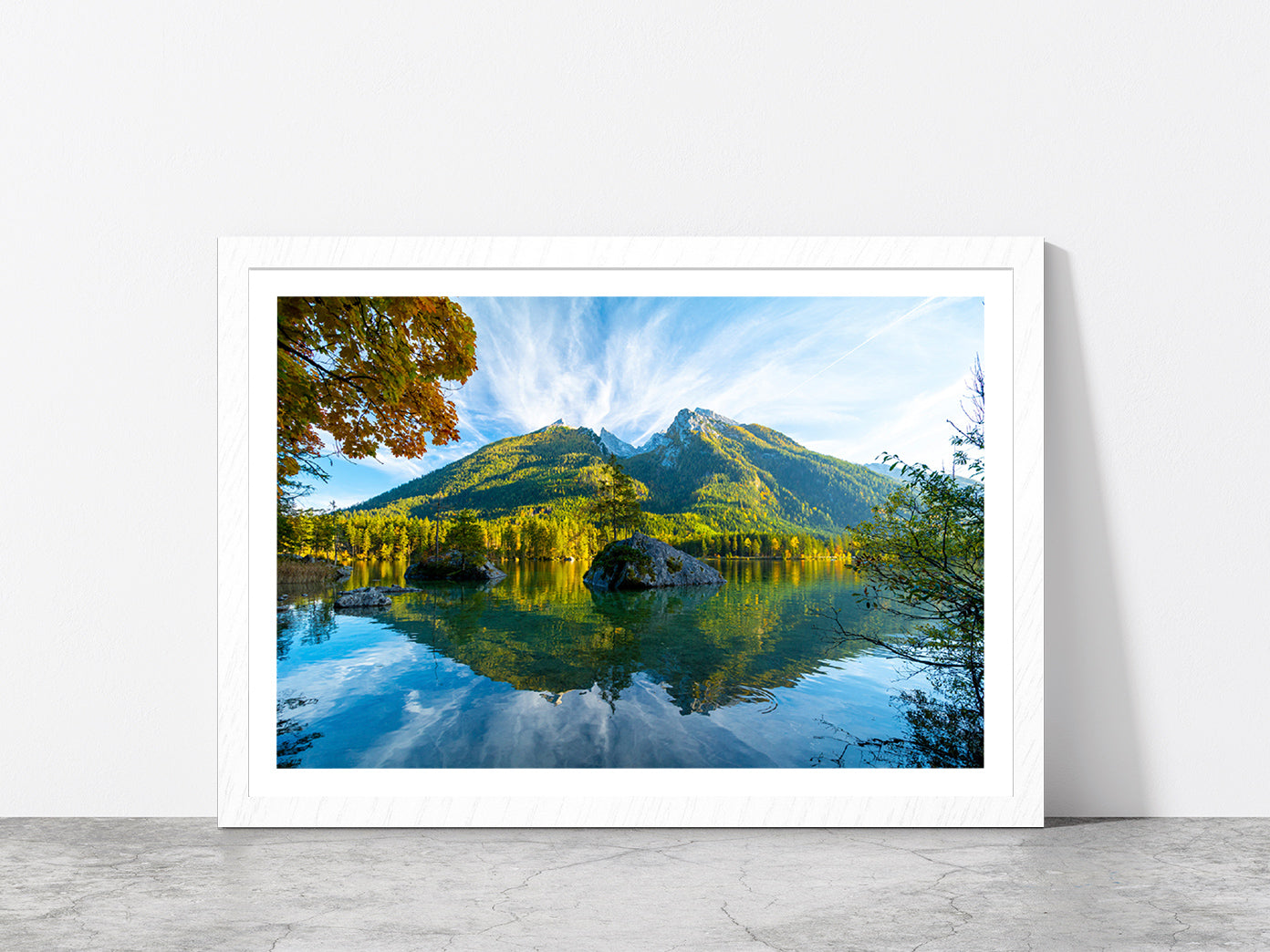 Lake Hintersee During Autumn Glass Framed Wall Art, Ready to Hang Quality Print With White Border White