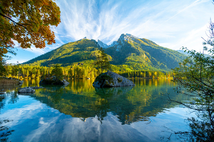Lake Hintersee During Autumn Glass Framed Wall Art, Ready to Hang Quality Print