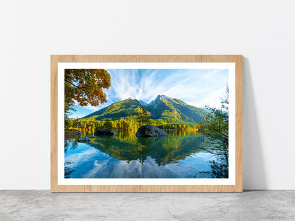 Lake Hintersee During Autumn Glass Framed Wall Art, Ready to Hang Quality Print With White Border Oak