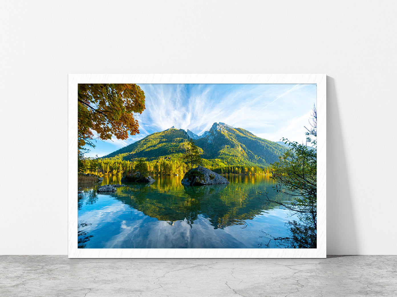 Lake Hintersee During Autumn Glass Framed Wall Art, Ready to Hang Quality Print Without White Border White