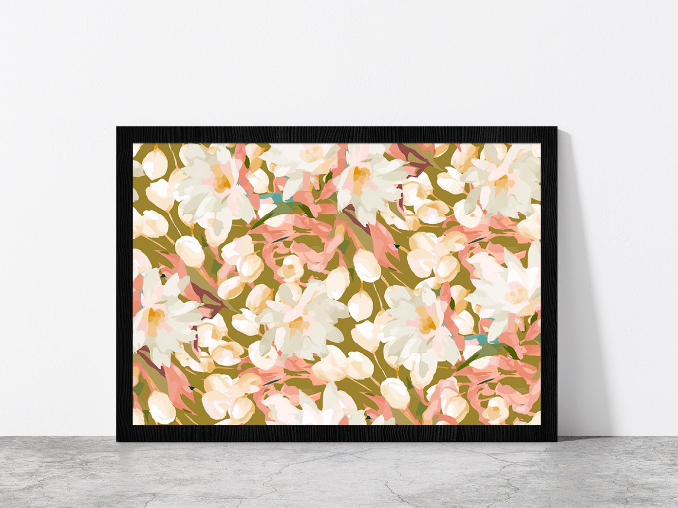 Seamless Flowers Abstract Pattern Glass Framed Wall Art, Ready to Hang Quality Print Without White Border Black