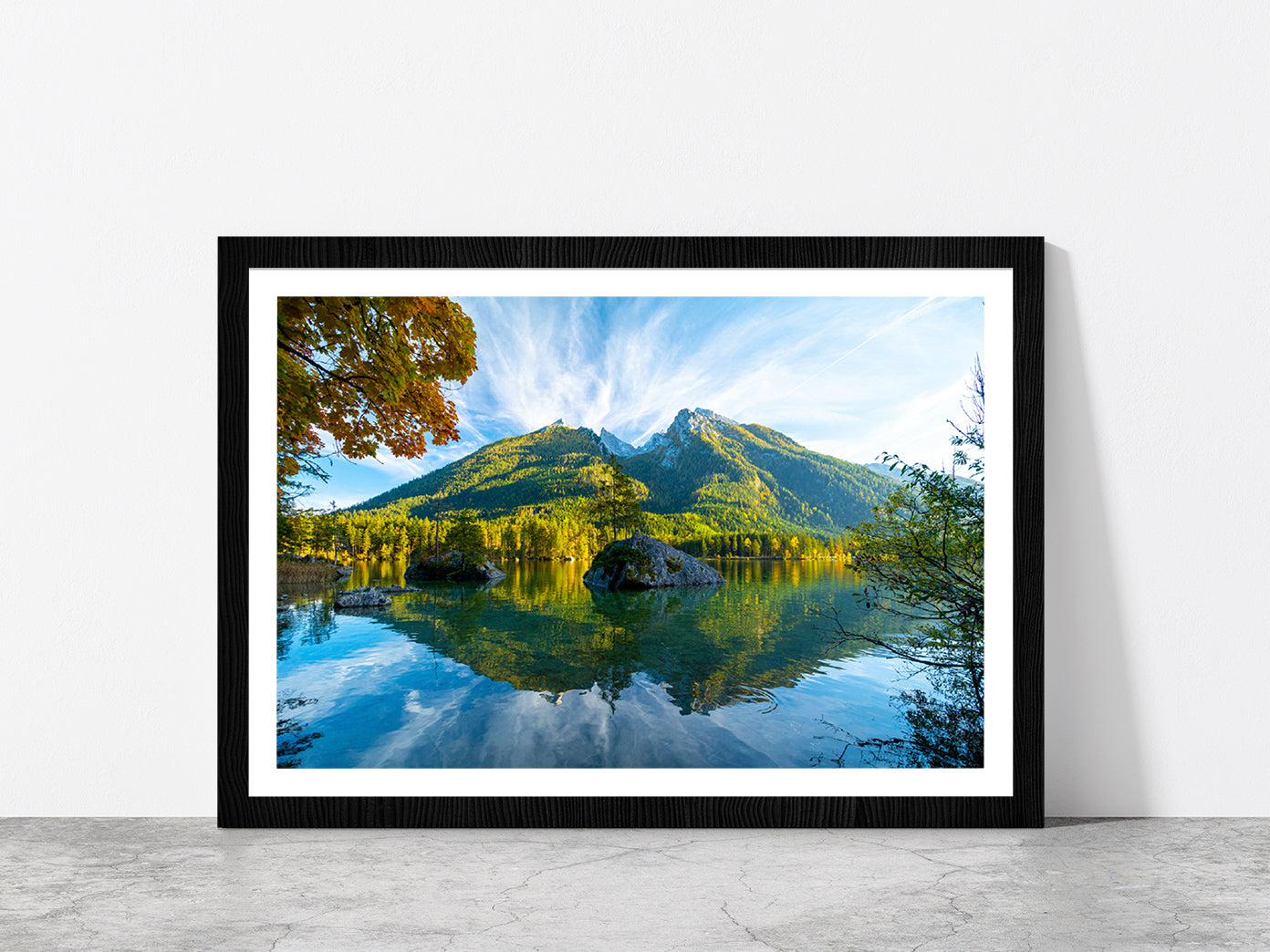 Lake Hintersee During Autumn Glass Framed Wall Art, Ready to Hang Quality Print With White Border Black