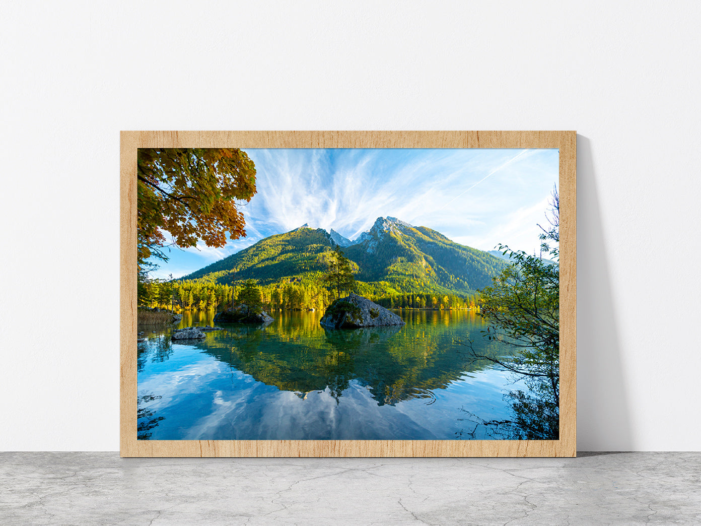 Lake Hintersee During Autumn Glass Framed Wall Art, Ready to Hang Quality Print Without White Border Oak