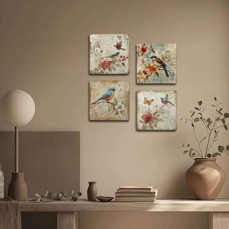 4pcs Birds And Butterflies With Flower Brunch Wall Art Canvas Framed