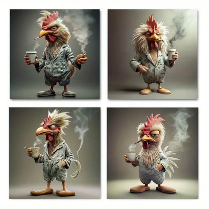 4pcs  Bird With Coffee Canvas Wall Art Canvas Framed